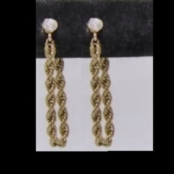 Genuine 14K Gold Twisted Fancy Rope Chain & CZ DiamondPost Earrings